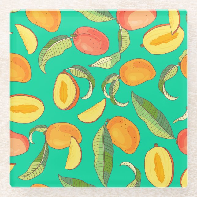 Mango Medley: Tropical Fruit Pattern Glass Coaster (Front)
