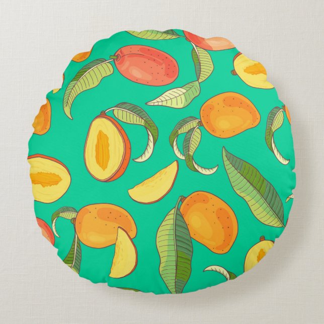 Mango. Seamless pattern with yellow and red tropic Round Pillow (Front)