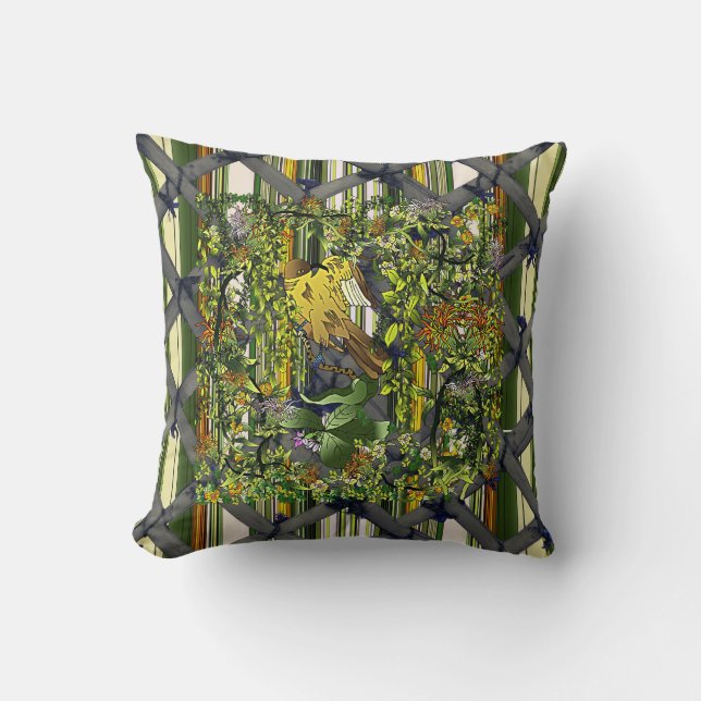 Mangrove Cuckoo/Stripes/Trellis Throw Pillow (Front)