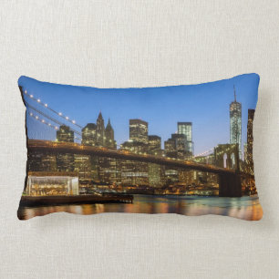 Manhattan and Brooklyn Bridge at dusk Lumbar Pillow