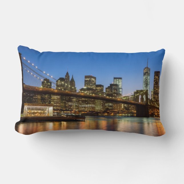 Manhattan and Brooklyn Bridge at dusk Lumbar Pillow (Front)