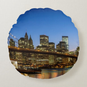 Manhattan and Brooklyn Bridge at dusk Round Pillow