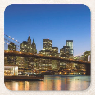 Manhattan and Brooklyn Bridge at dusk Square Paper Coaster