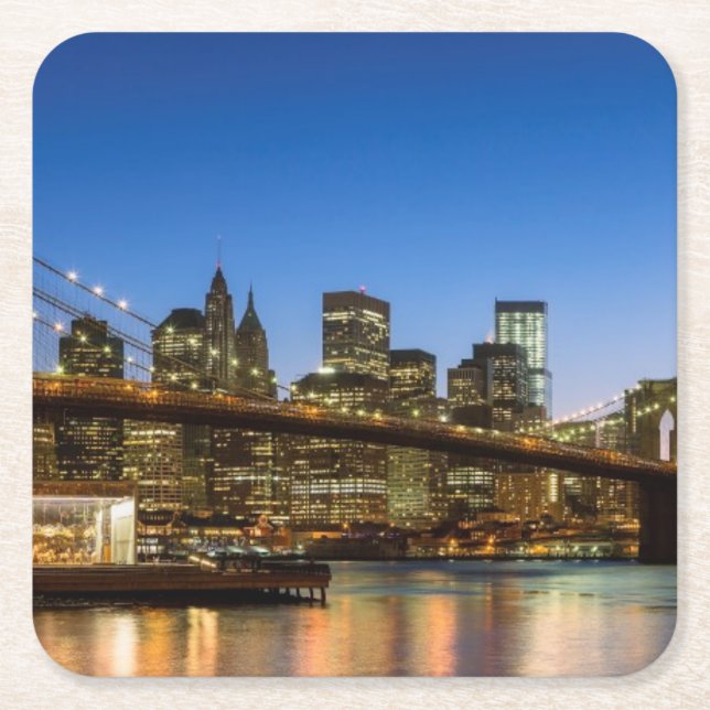 Manhattan and Brooklyn Bridge at dusk Square Paper Coaster (Front)