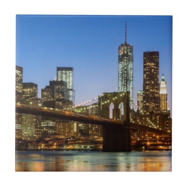 Manhattan and Brooklyn Bridge at dusk Tile (Front)