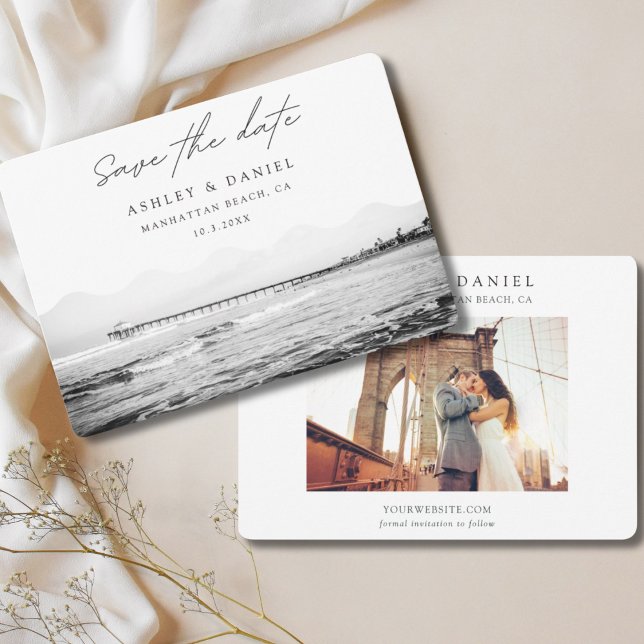 Manhattan Beach Black & White Photo Save the Date Invitation (California Beach Save the Date Black and White with Engagement Photo)