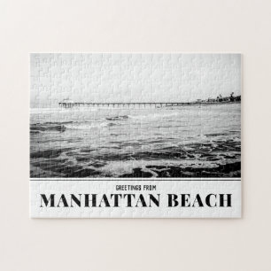 Manhattan Beach Pier Black and White Puzzle
