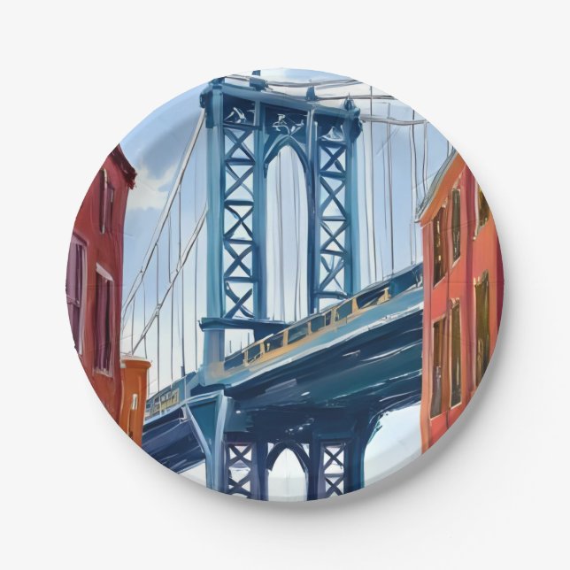 Manhattan Bridge New York City Painting Paper Plate (Front)