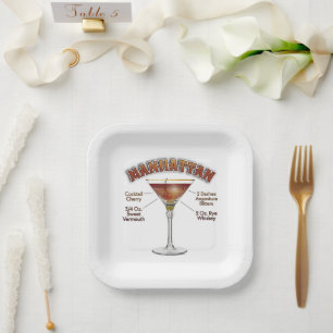 Manhattan Cocktail Recipe Art Paper Plate