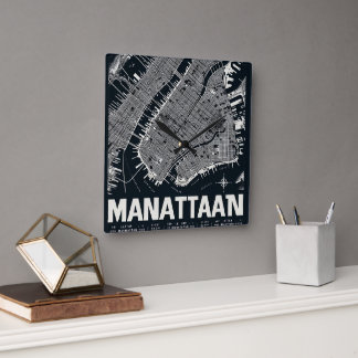 Manhattan Map Illustration Square Wall Clock