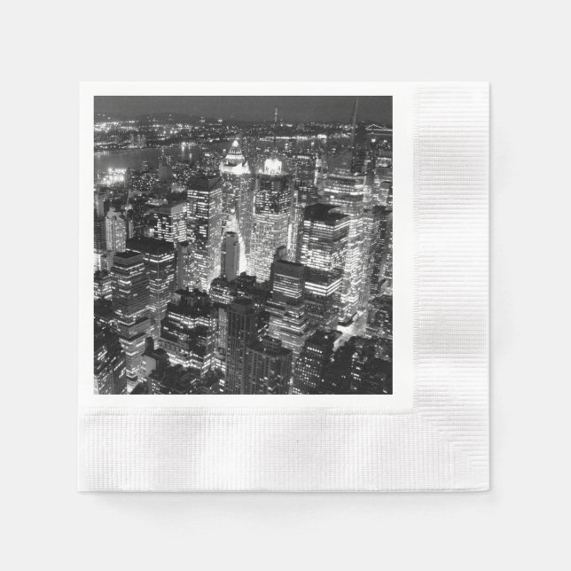 Manhattan New York City Night Black & White Napkin (Front)