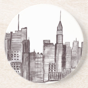 Manhattan New York city watercolor Black Modern Coaster