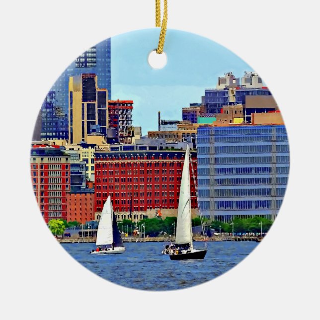 Manhattan NY - Three Boats By Manhattan Skyline Ceramic Ornament (Front)