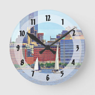 Manhattan NY - Three Boats By Manhattan Skyline Round Clock