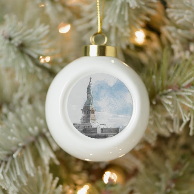 Manhattan Nyc Liberty Statue Ceramic Ball Christmas Ornament (Tree)