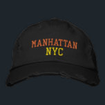 MANHATTAN NYC Orange Yellow Black Vintage Style Embroidered Hat<br><div class="desc">BROOKLYN NYC Orange and Yellow embroidery on Black distressed vintage style cotton hat. Embroidery is customizable to other colour choices by selecting the "Edit Design" tool button. Also available is the option to select choice of hat colour on the main item page.</div>