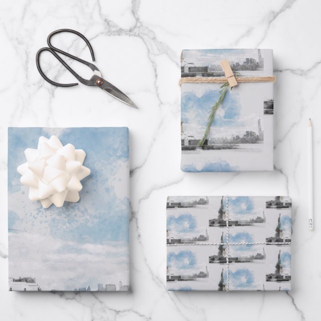 Manhattan NYC & Statue of Liberty Black and White  Wrapping Paper Sheet (Front)