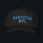 MANHATTAN NYC Turquoise Pink Black Vintage Style Embroidered Hat<br><div class="desc">BROOKLYN NYC Turquoise and Pink embroidery on Black distressed vintage style cotton hat. Embroidery is customizable to other colour choices by selecting the "Edit Design" tool button. Also available is the option to select choice of hat colour on the main item page.</div>