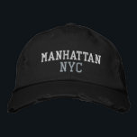 MANHATTAN NYC White Grey Black Vintage Style Embroidered Hat<br><div class="desc">BROOKLYN NYC White and Grey embroidery on Black distressed vintage style cotton hat. Embroidery is customizable to other colour choices by selecting the "Edit Design" tool button. Also available is the option to select choice of hat colour on the main item page.</div>