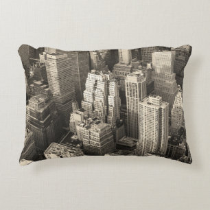 Manhattan skyline, black and white aerial. accent pillow