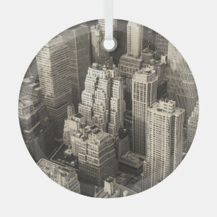 Manhattan skyline, black and white aerial. glass ornament