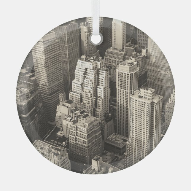 Manhattan skyline, black and white aerial. glass ornament (Front)