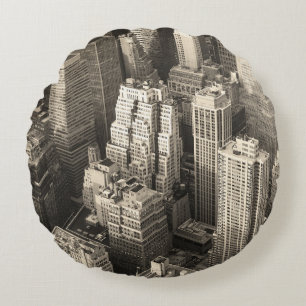 Manhattan skyline, black and white aerial. round pillow