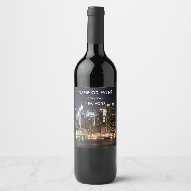 Manhattan Skyline New York at night Wine Label (Front)