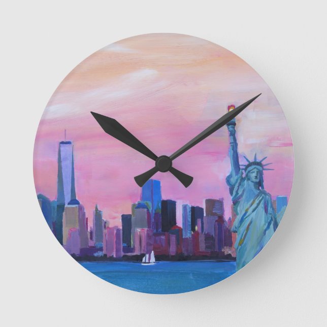 Manhattan Skyline with Statue of Liberty Round Clock (Front)