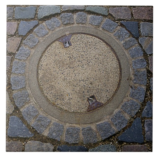 Manhole cover and cobblestone road ceramic tile (Front)