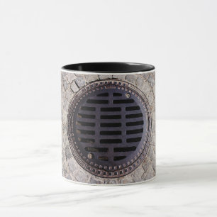 Manhole cover cobblestone road metal grate grey  mug