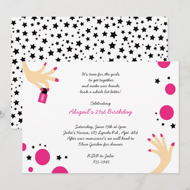 Manicure Invitations Pink Black Stars Birthday (Front/Back)