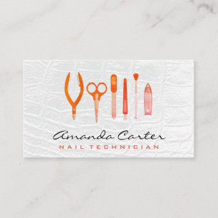 Manicurist Nail Tools   White Leather Background Business Card