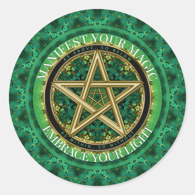 Manifest Your Magic Golden Pentacle Nature Green Classic Round Sticker (Front)