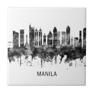 Manila Philippines Skyline BW Tile