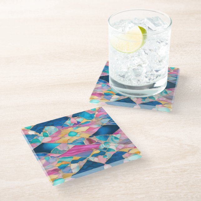 “Manilva” Blue Pink Sand Fractured Waves Glass Coaster (Angled)