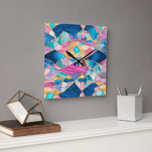 “Manilva” Blue Pink Sand Fractured Waves Square Wall Clock