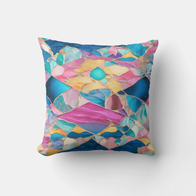 “Manilva” Blue Pink Sand Fractured Waves Throw Pillow (Front)