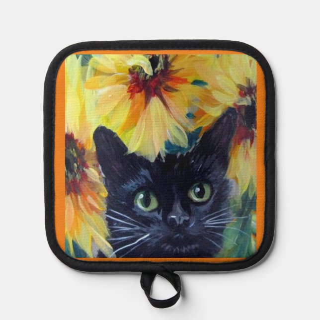 Manique Black cat and sunflowers Oven Mitts & Pot Holders (Recto)
