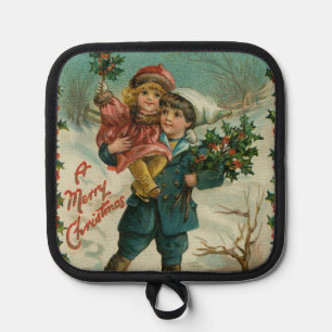 Manique Joyeux Noël - carte postale rétro, enfants, houx