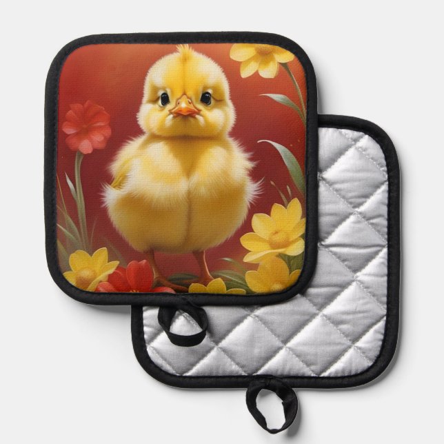 Manique Porte-pot avec poussin aux fleurs (Recto/Verso)