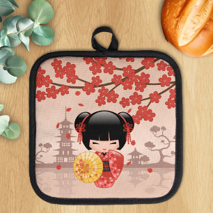 Manique Rouge Sakura Kokeshi Poupée Japonaise Geisha Beige