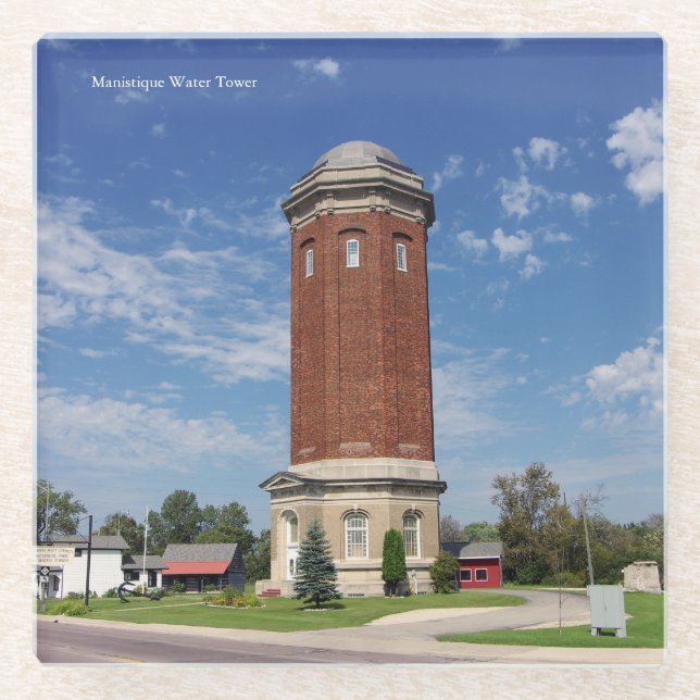 Manistique Water Tower glass coaster (Front)