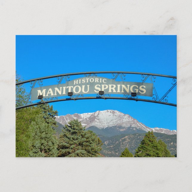 Manitou Springs Sign Framing Pikes Peak, Colorado Postcard (Front)