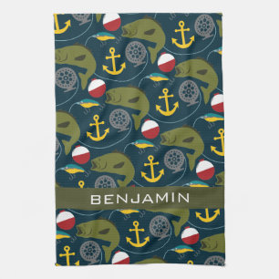 Manly Fisherman Pattern with Custom Name Kitchen Towel