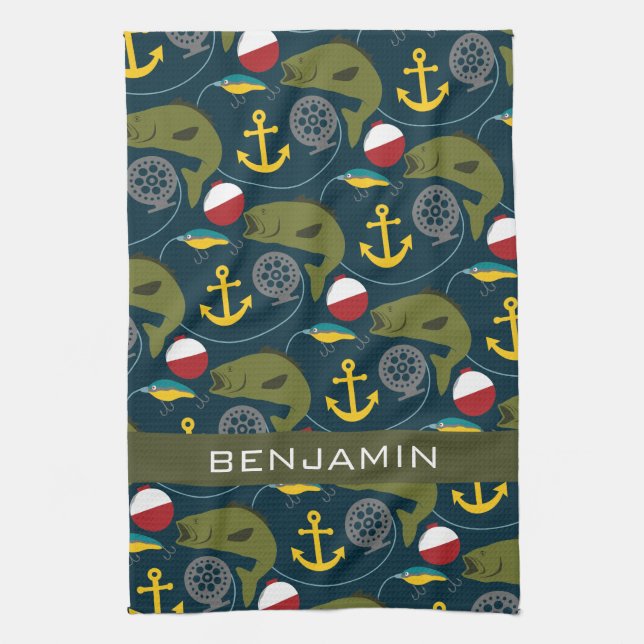 Manly Fisherman Pattern with Custom Name Kitchen Towel (Vertical)