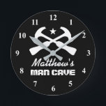 Manly hammer logo car garage or mancave wall clock<br><div class="desc">Manly hammer logo car garage or mancave wall clock. Custom black and white wall clock gift. Cool crossed tool design with personalized name and background colour. Christmas or Birthday gift idea for husband, dad, boyfriend, grandpa, boss, coworker, carpenter, contractor, boy, kids etc. Trendy home decor time clock for mechanic, auto...</div>
