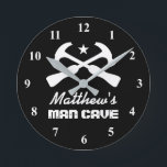 Manly hammer logo car garage or mancave wall clock<br><div class="desc">Manly hammer logo car garage or mancave wall clock. Custom black and white wall clock gift. Cool crossed tool design with personalized name and background colour. Christmas or Birthday gift idea for husband, dad, boyfriend, grandpa, boss, coworker, carpenter, contractor, boy, kids etc. Trendy home decor time clock for mechanic, auto...</div>