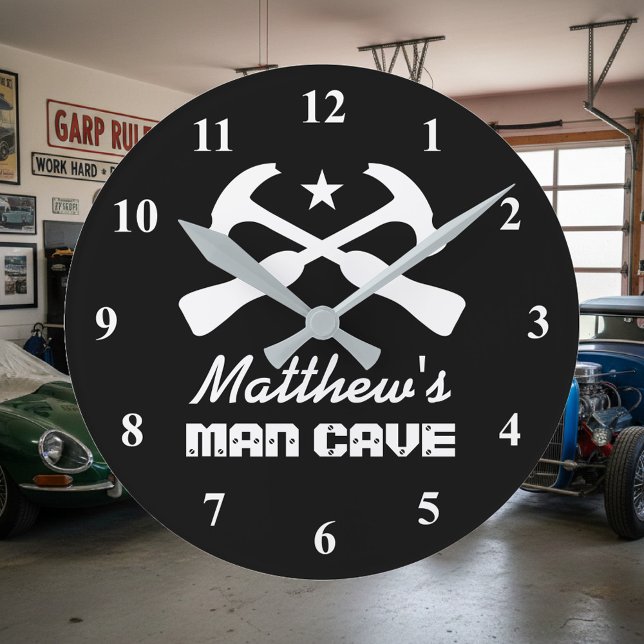 Manly hammer logo car garage or mancave wall clock (man cave wall clock)