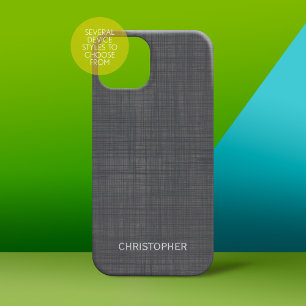 Manly Linen Look with Grey Personalized Name iPhone 15 Case